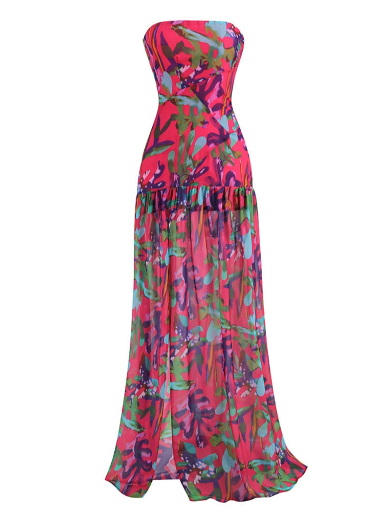 Strapless Floral Printed Maxi Dress In Purple