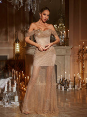 Robe longue en résille diamant à épaules dénudées 