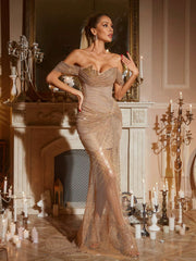 Robe longue en résille diamant à épaules dénudées 