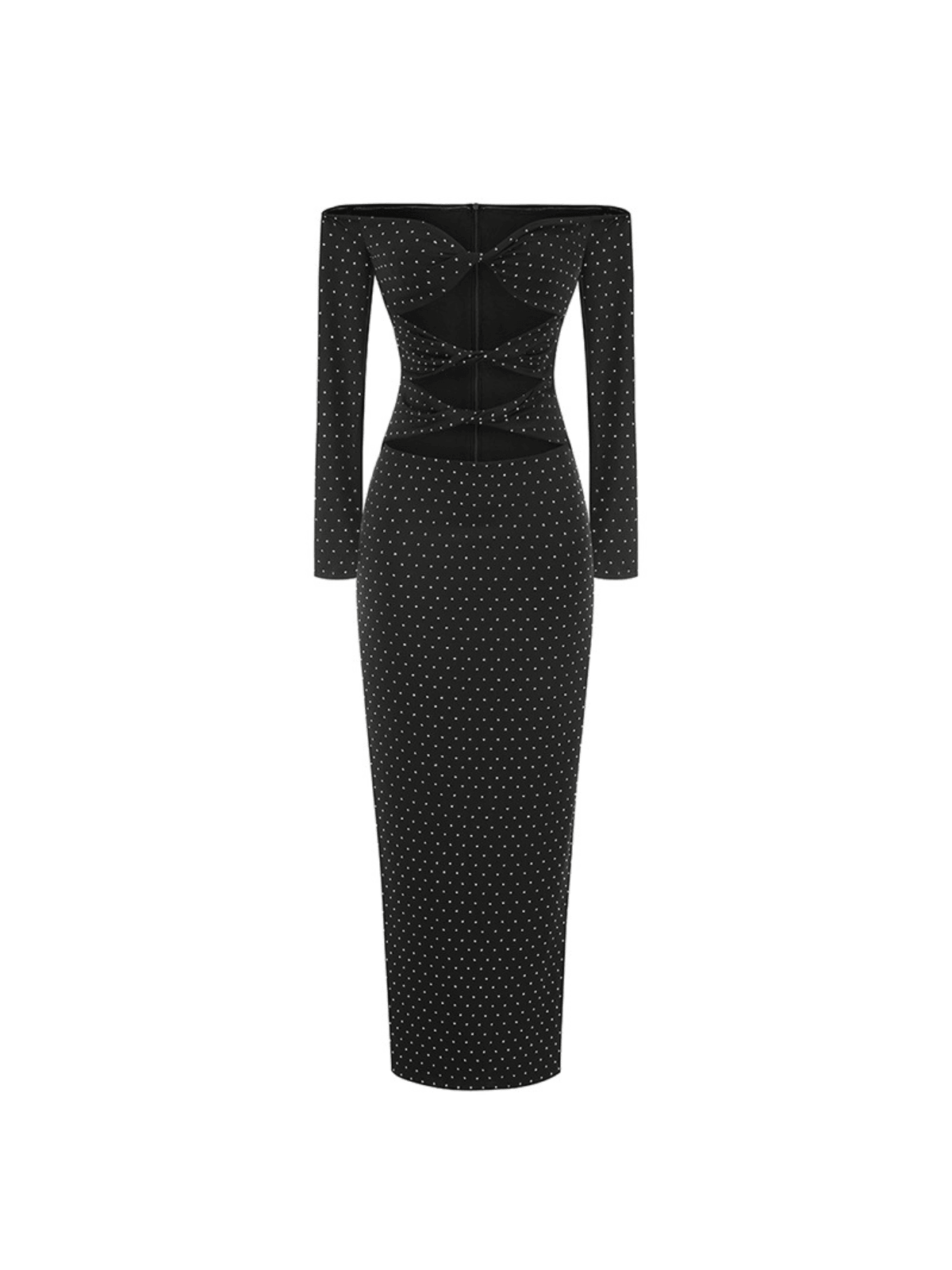 Robe maxi épaules dénudées à strass et découpes 