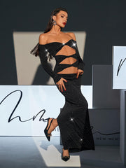 Robe maxi épaules dénudées à strass et découpes 
