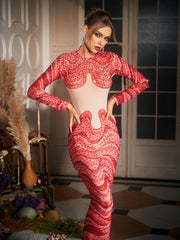 Robe maxi imprimée vagues et strass 