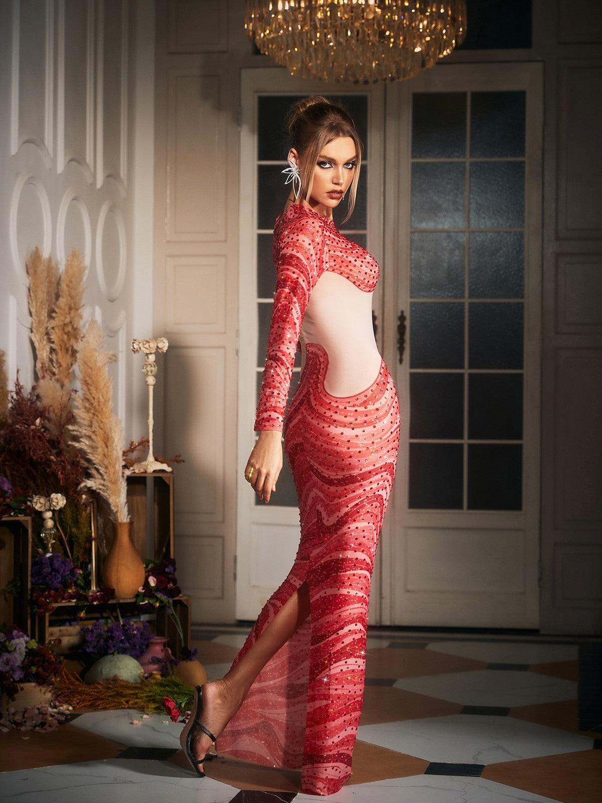Robe maxi imprimée vagues et strass 