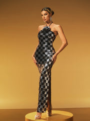 Halterneck Flower Sequin Maxi Dress