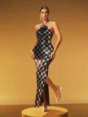 Halterneck Flower Sequin Maxi Dress
