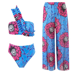 Bikini 3-Piece Set Push-Up Long Pants Swimwear Chiffon Cover Up Wide Leg Long Pants