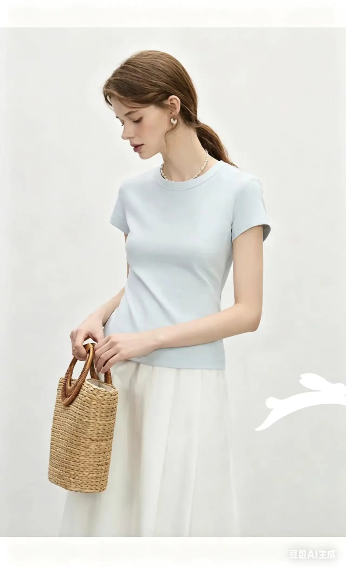 High-quality stretch cotton solid color T-shirt, early basic style, slim fit, round neck, short sleeve, versatile for eve