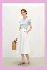 High-quality stretch cotton solid color T-shirt, early basic style, slim fit, round neck, short sleeve, versatile for eve