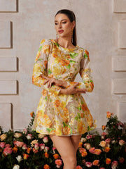 Long Sleeve Flower Embroidered Mini Dress