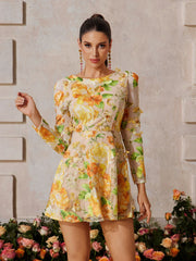 Long Sleeve Flower Embroidered Mini Dress