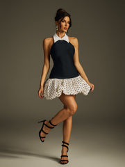 Robe mini bandage à pois à col replié 