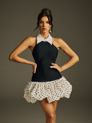 Robe mini bandage à pois à col replié 