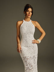 Robe midi brodée à col halter 