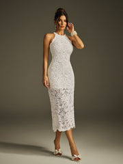 Robe midi brodée à col halter 