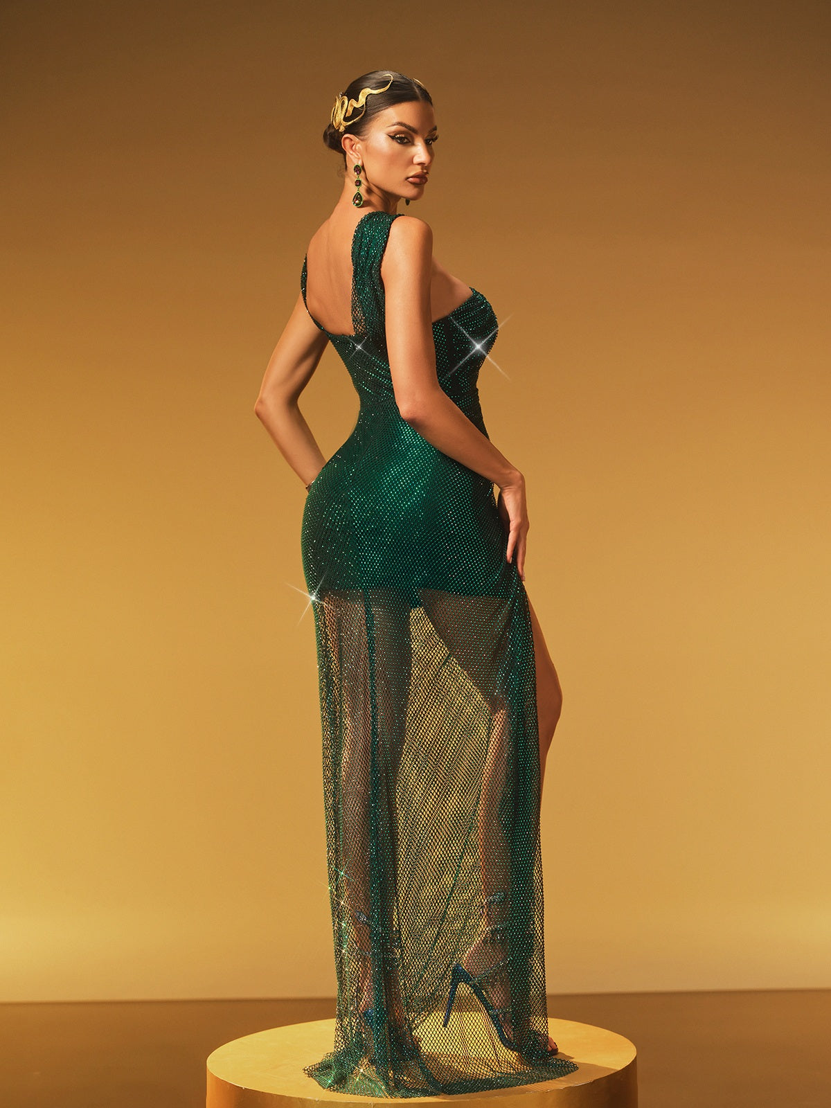Robe maxi fendue en résille strass 