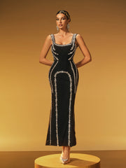 Robe longue bandage à décolleté plongeant et cristaux 