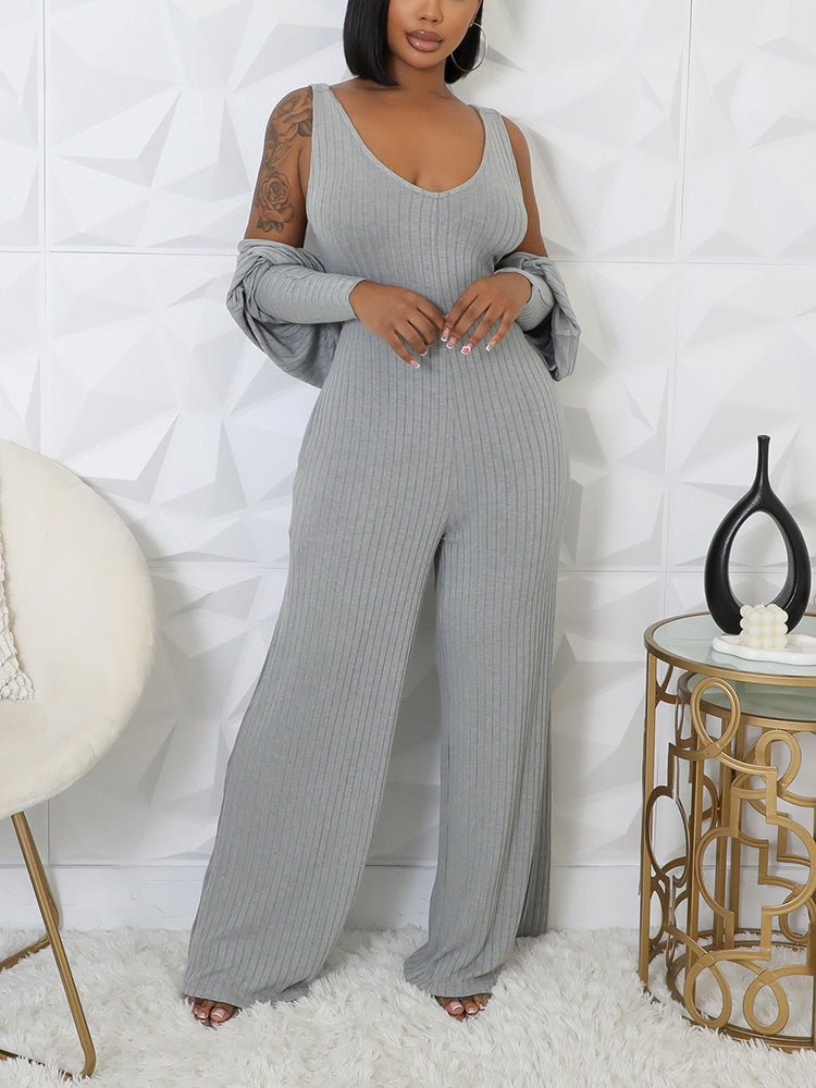 Ribbed Bolero  Jumpsuit Set