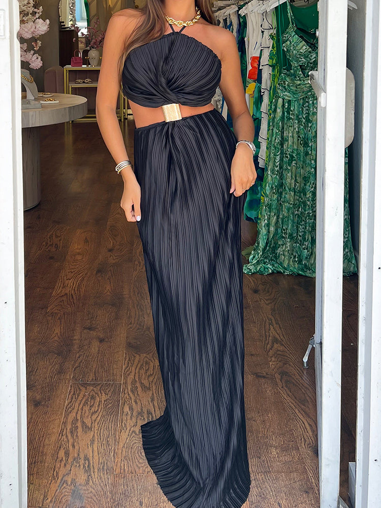 Halter Cutout Pleated Dresses