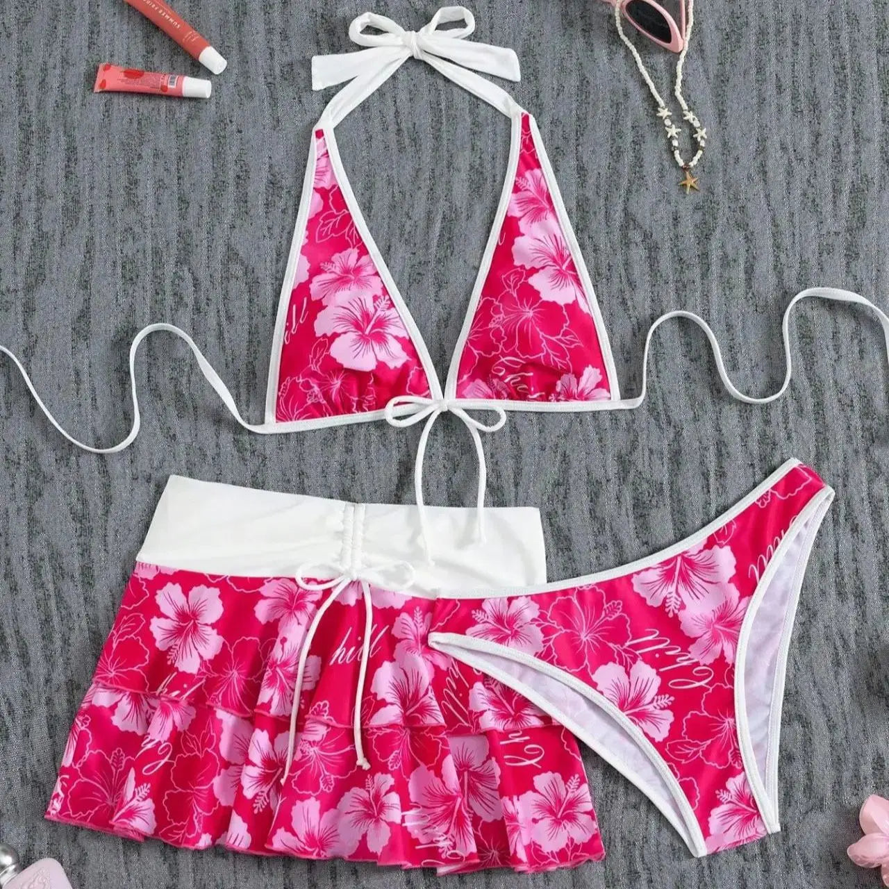 INS Style Lingerie Bikini 3 Piece Set Wirefree Halter Bra & Thong with Matching Cover Up Swim Daily Wear Floral Suit