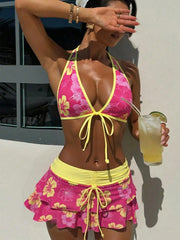 INS Style Lingerie Bikini 3 Piece Set Wirefree Halter Bra & Thong with Matching Cover Up Swim Daily Wear Floral Suit