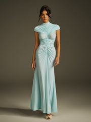 Robe maxi froncée à col montant 