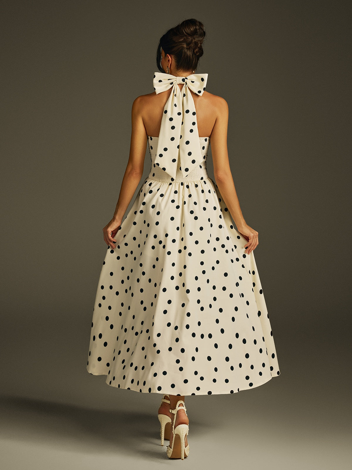Halterneck Bow Split Dot Midi Dress