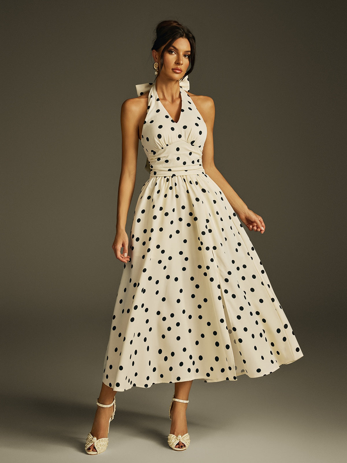 Halterneck Bow Split Dot Midi Dress