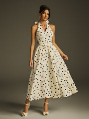 Halterneck Bow Split Dot Midi Dress