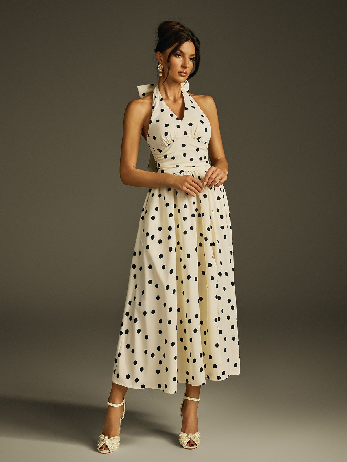 Halterneck Bow Split Dot Midi Dress