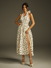 Halterneck Bow Split Dot Midi Dress