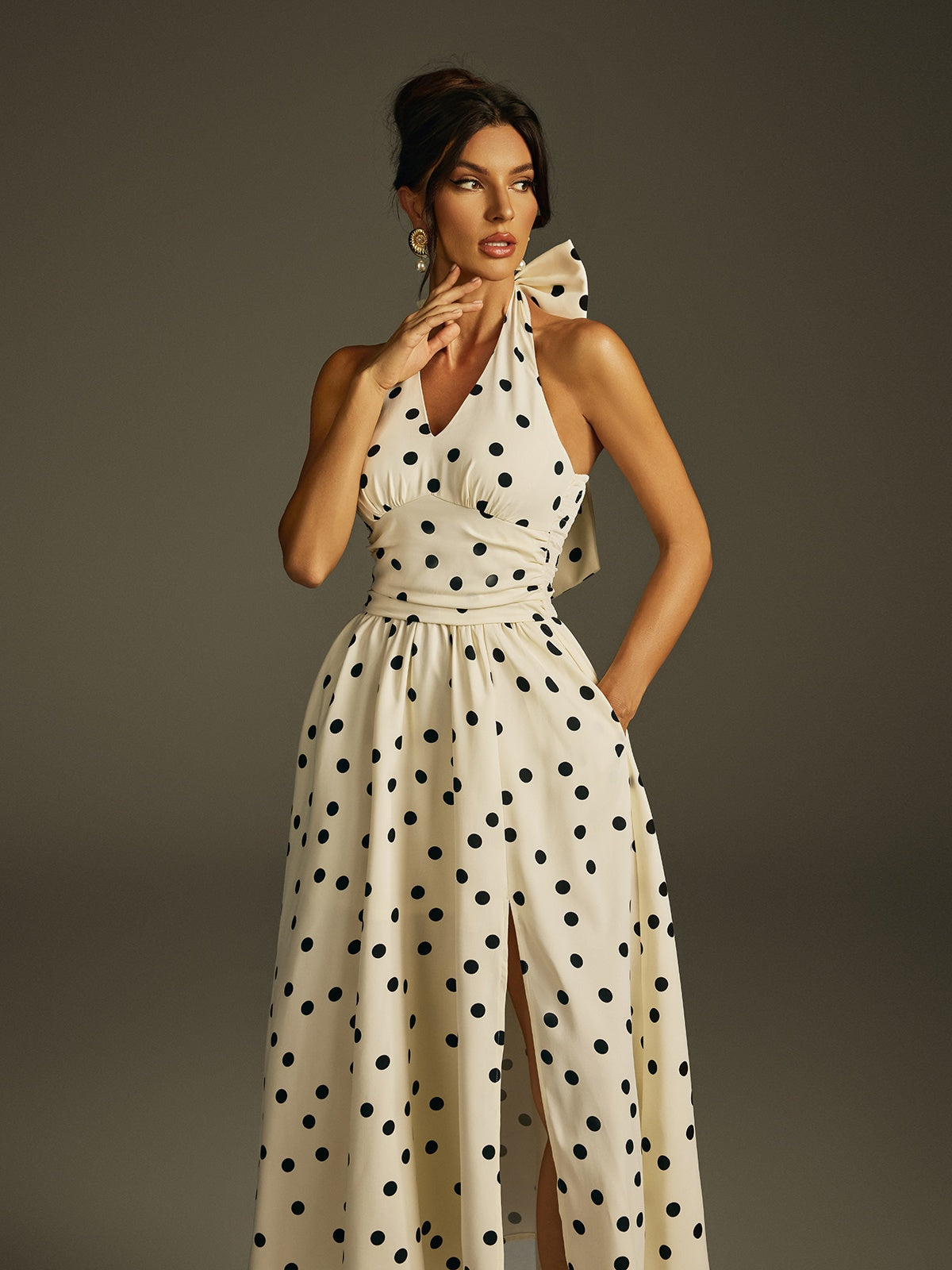 Halterneck Bow Split Dot Midi Dress