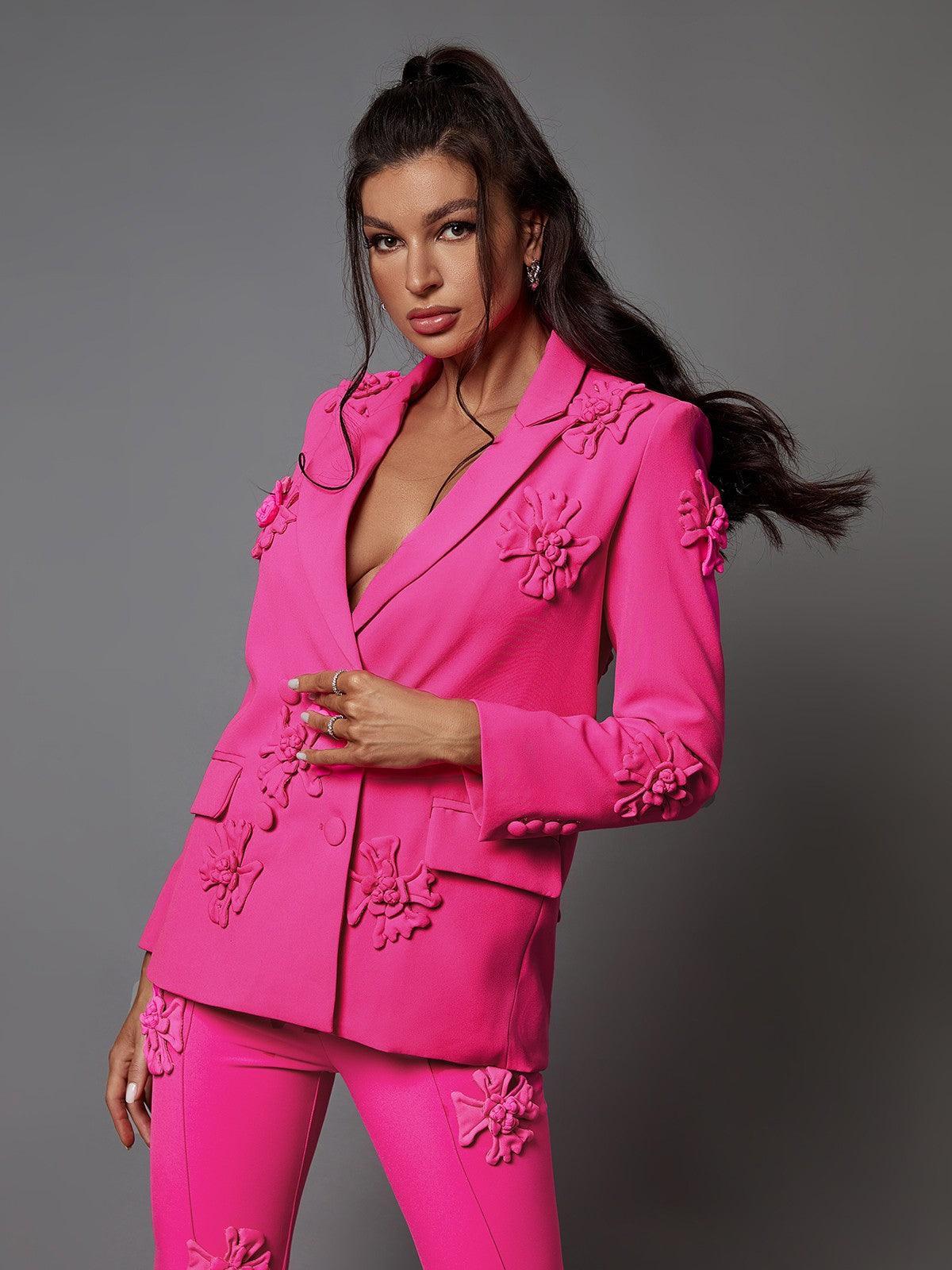 Ensemble blazer à motifs floraux rose fuchsia 