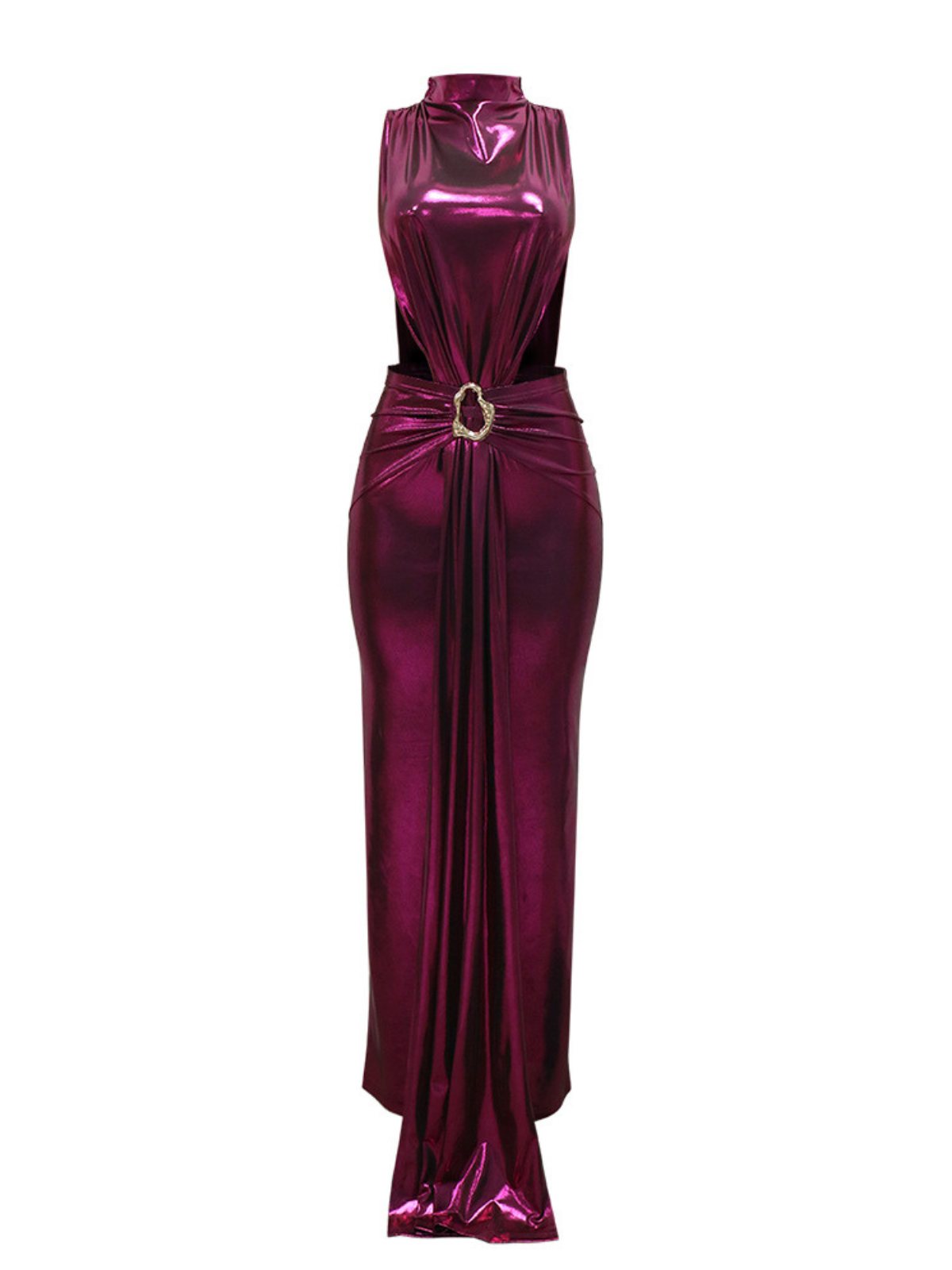 Robe longue métallisée fendue drapée sans manches 