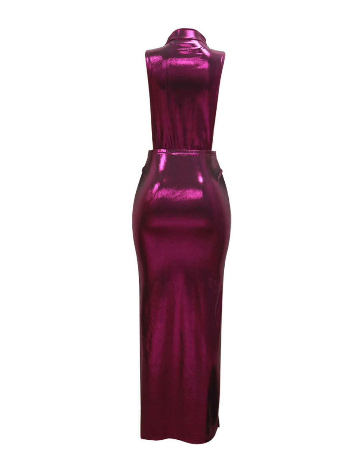 Robe longue métallisée fendue drapée sans manches 