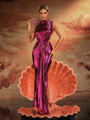 Robe longue métallisée fendue drapée sans manches 