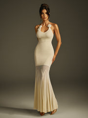 Halterneck Flower Mesh Maxi Dress