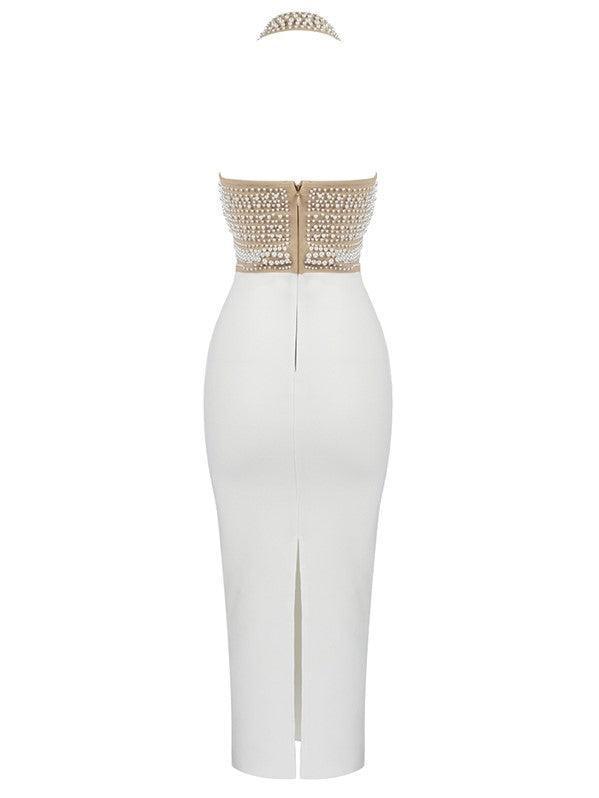 Robe bandage beige à perles et col halter
