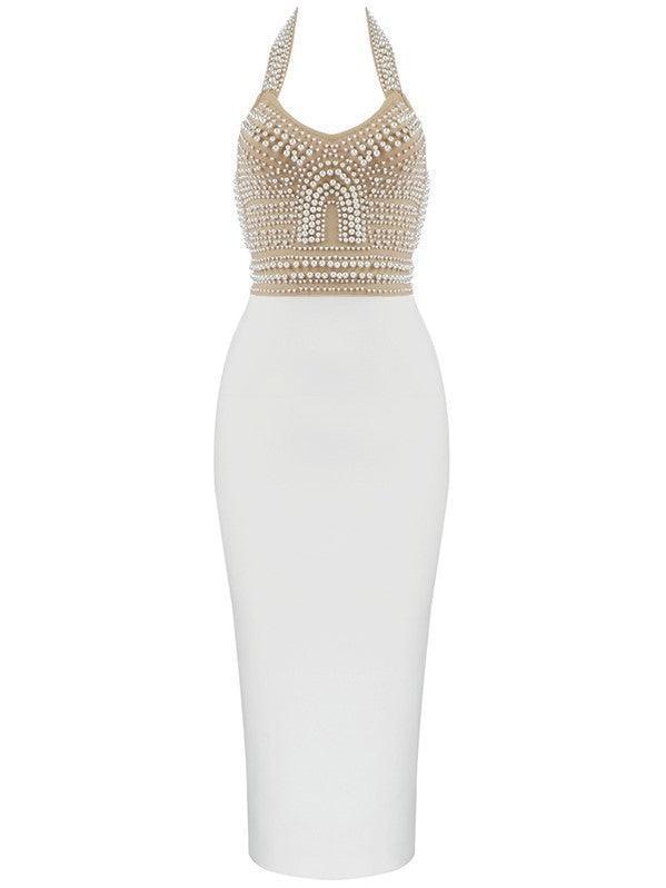 Robe bandage beige à perles et col halter
