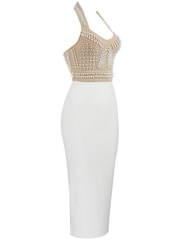 Robe bandage beige à perles et col halter