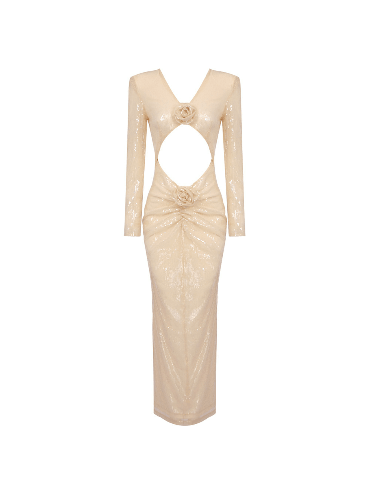 Long Sleeve Flower Cutout Sequin Dress In Apricot