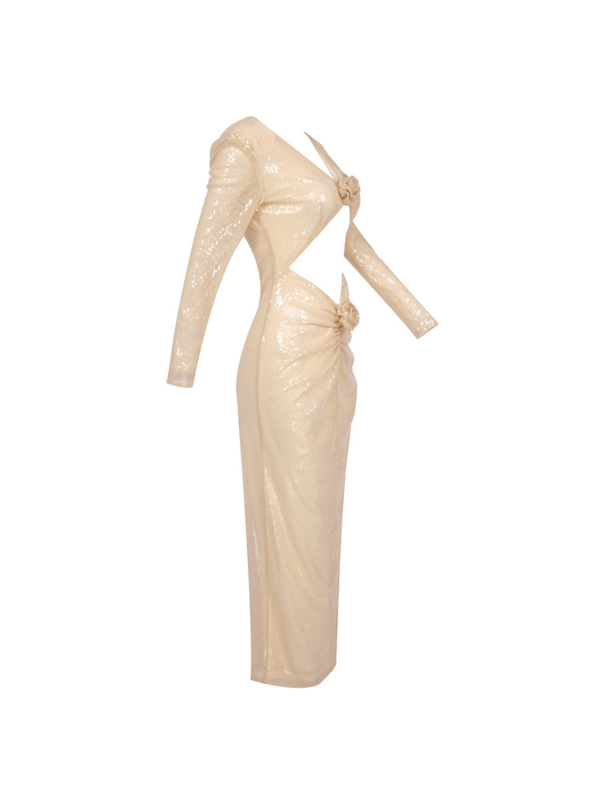 Long Sleeve Flower Cutout Sequin Dress In Apricot