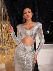 Long Sleeve Flower Cutout Sequin Dress