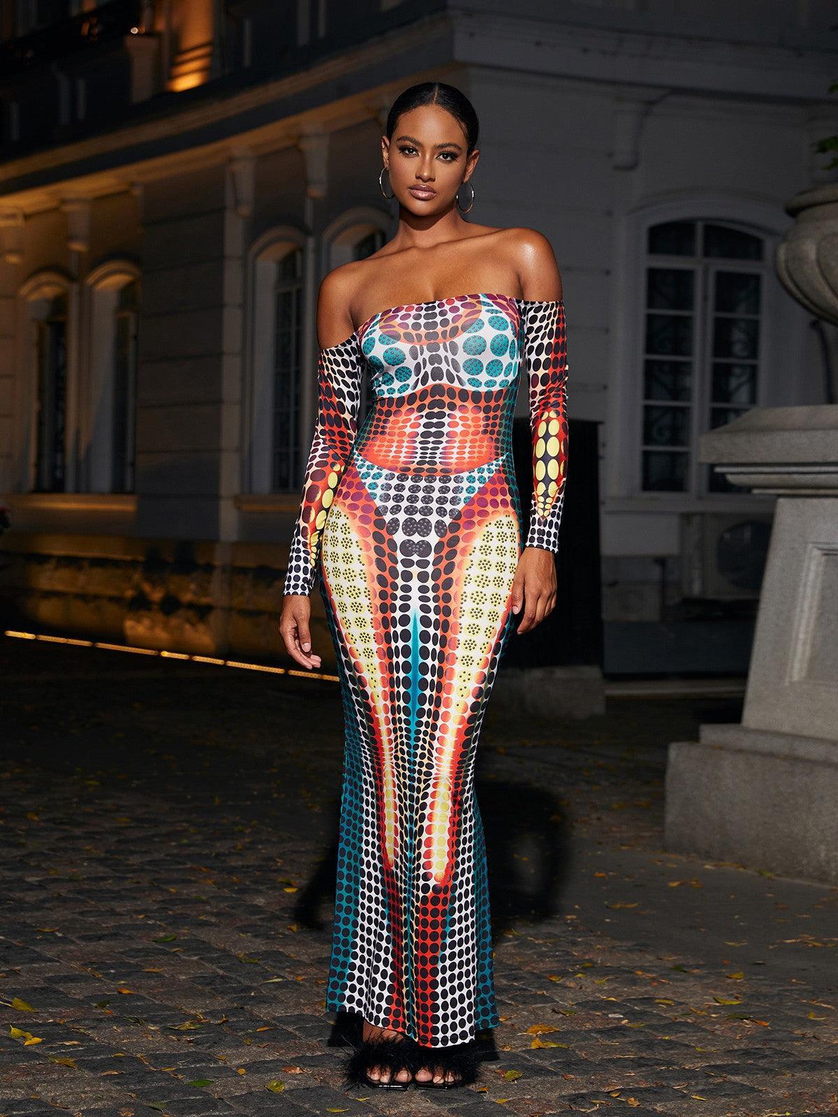 Robe maxi épaules dénudées multicolore 