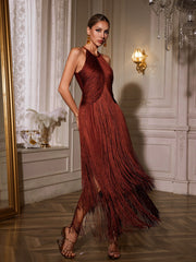 Robe longue bustier à franges et col halter 