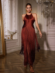 Robe longue bustier à franges et col halter 