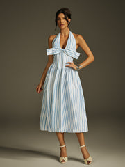 Robe midi rayée à col licou et nœud 