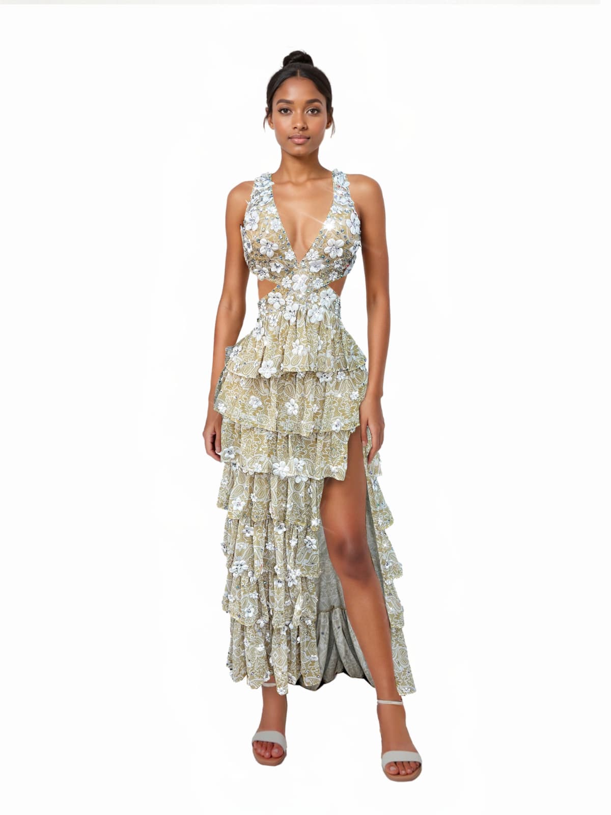 Robe maxi fendue à fleurs et découpes en strass