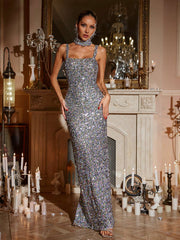 Robe longue à sequins spaghetti avec ras-de-cou 