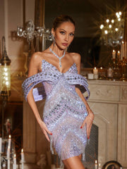 Robe courte violette à franges et strass, épaules dénudées 