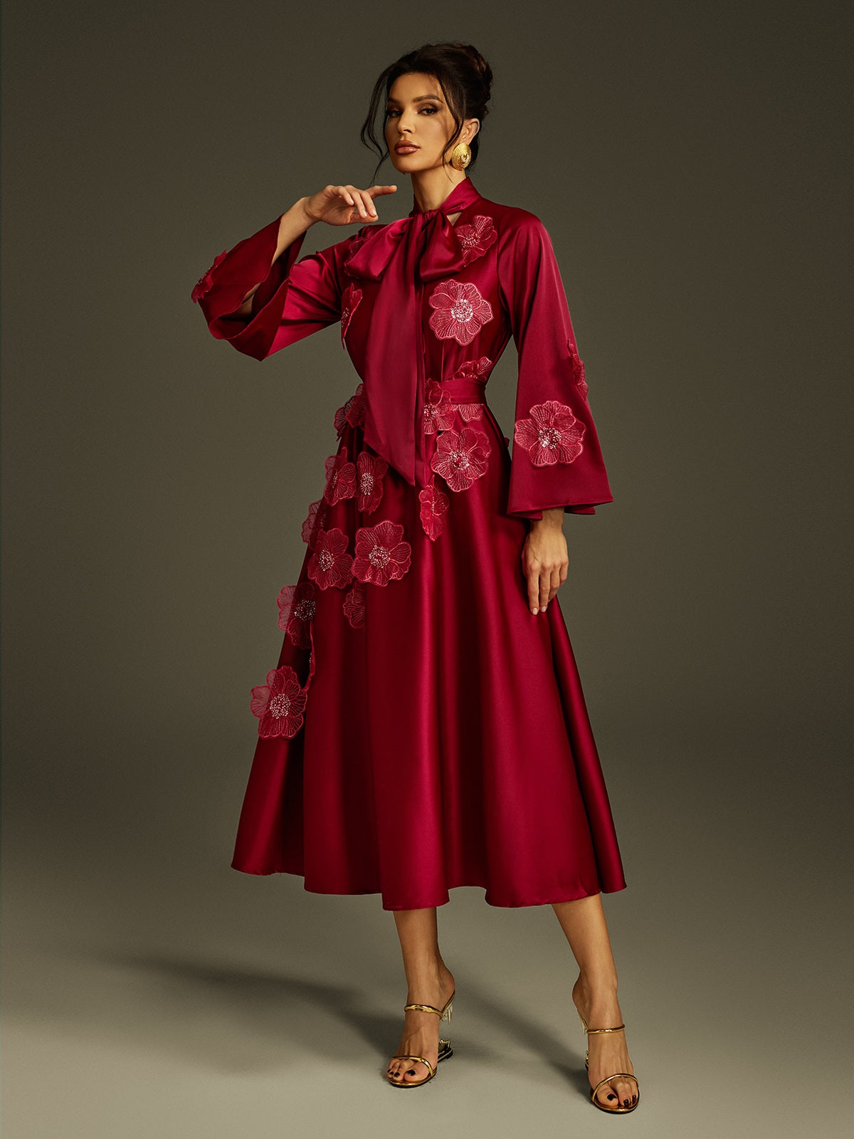 Tie Up Flower Satin Maxi Dress In Wine